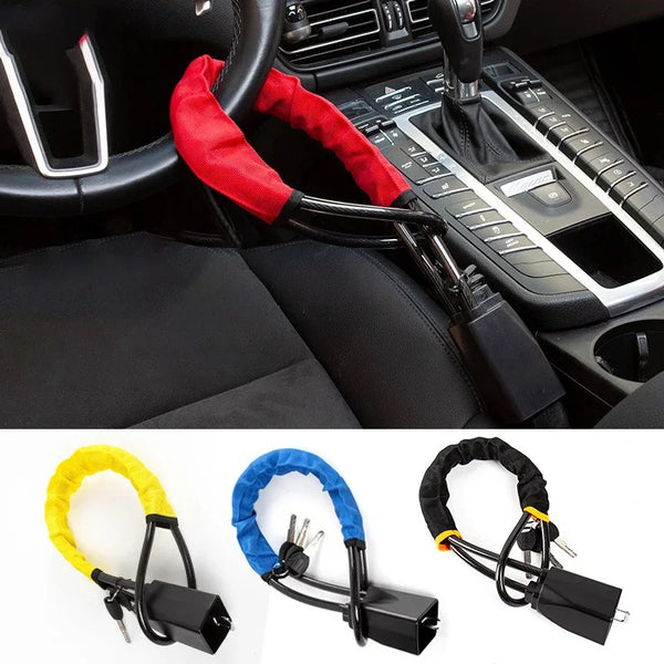 A set of universal steering wheel and seatbelt locks in yellow, blue, and black.