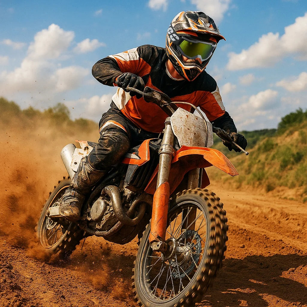 A rider wearing protective goggles is operating an orange and black off-road motorcycle on a dirt track.