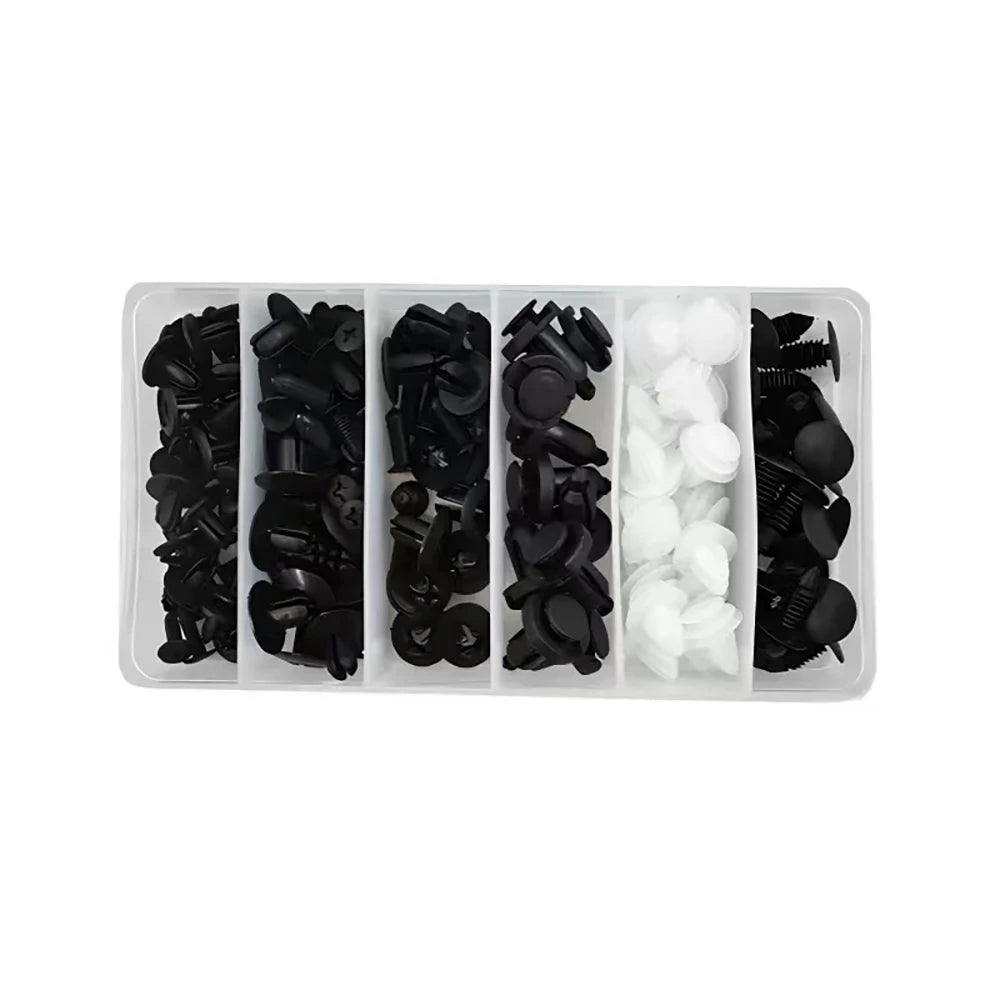 Un ensemble de clips et fixations pour garniture de porte de voiture, organisés en compartiments individuels.