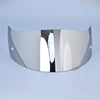 A reflective silver motorcycle helmet visor shield displayed against a light blue background.