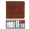A brown leather card holder wallet featuring a car silhouette and text for registration and insurance documents.