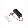 A black digital battery and alternator tester with an LED display and red cables.