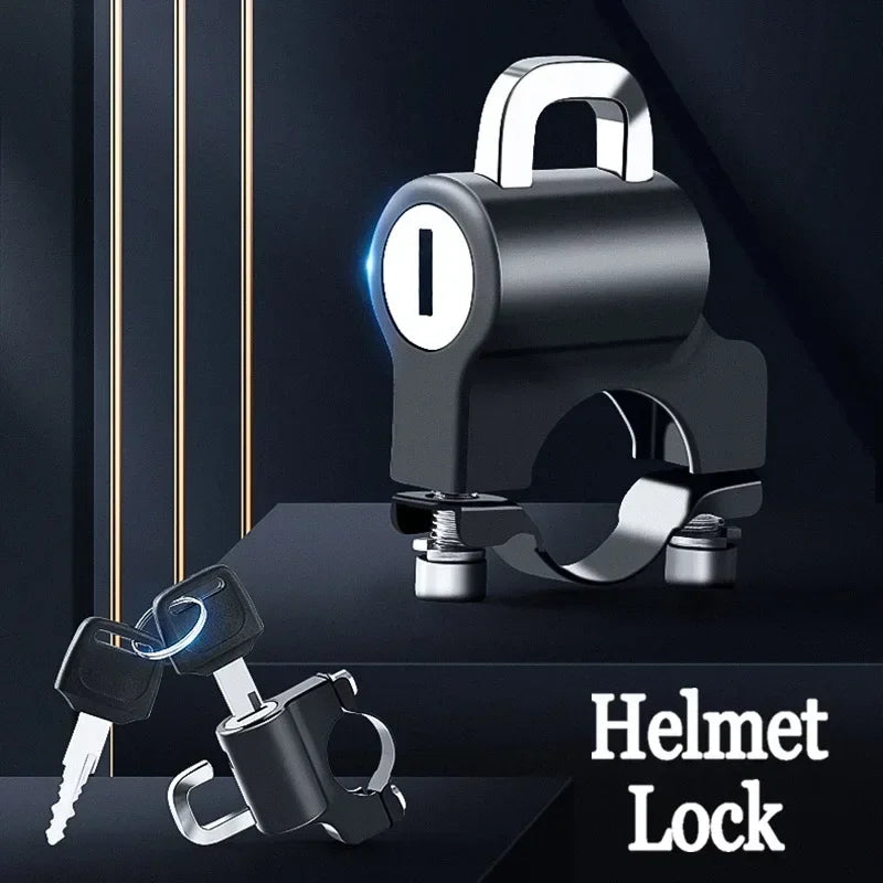 A close-up view of a heavy duty helmet lock mechanism and a set of keys against a dark background.