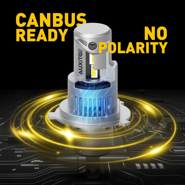 A white automotive headlight bulb with a yellow casing is shown against a dark background, emphasizing its CANbus ready and n