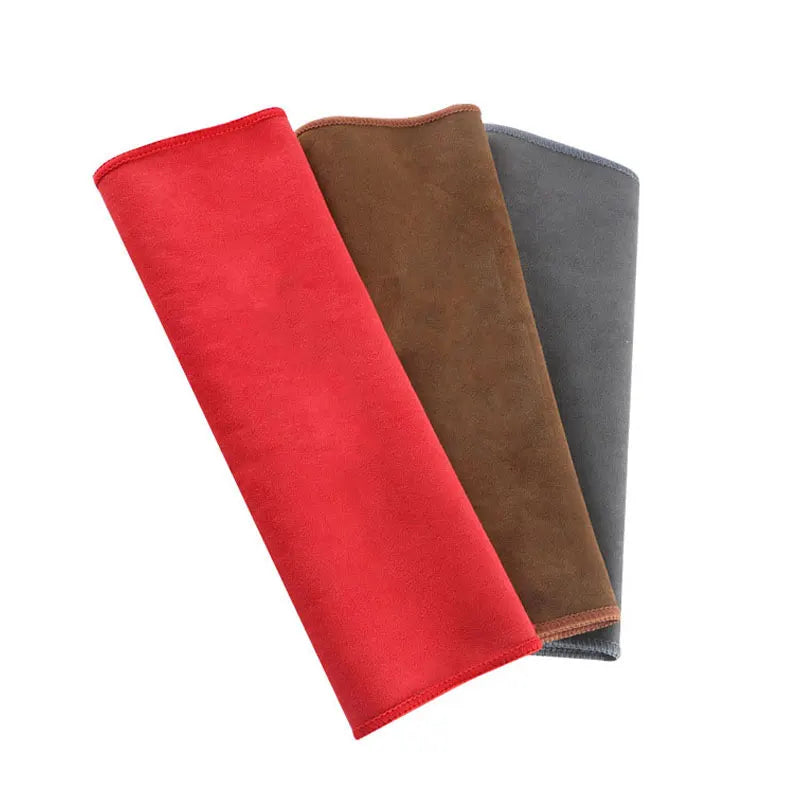 A set of three multi-sided coral fleece drying towels in red, brown, and gray.
