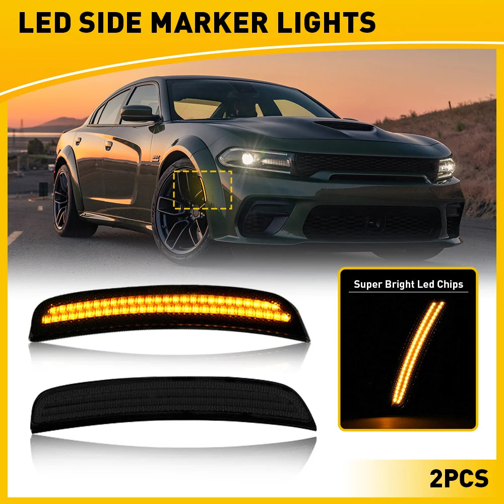 Two pairs of super bright LED side marker lights for a Dodge Charger vehicle.