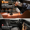 A person is shown using a certified fire-resistant car charger in a vehicle, contrasting it with ordinary plastic.