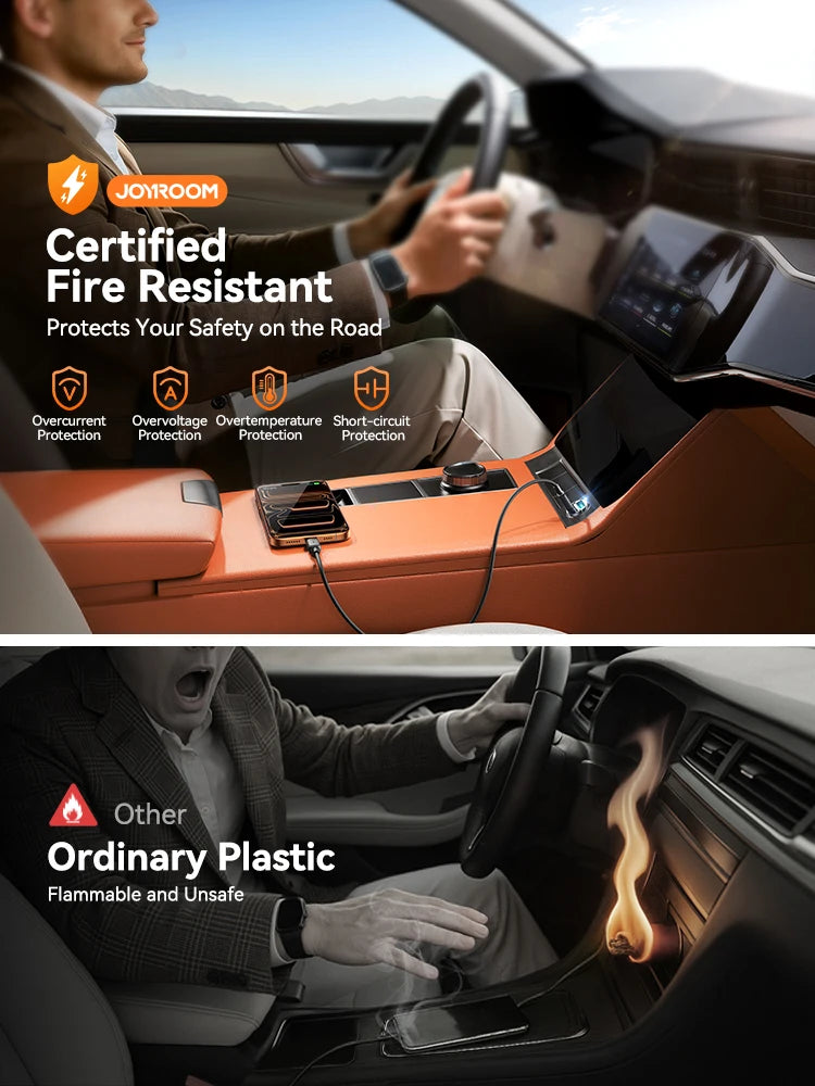 A person is shown using a certified fire-resistant car charger in a vehicle, contrasting it with ordinary plastic.