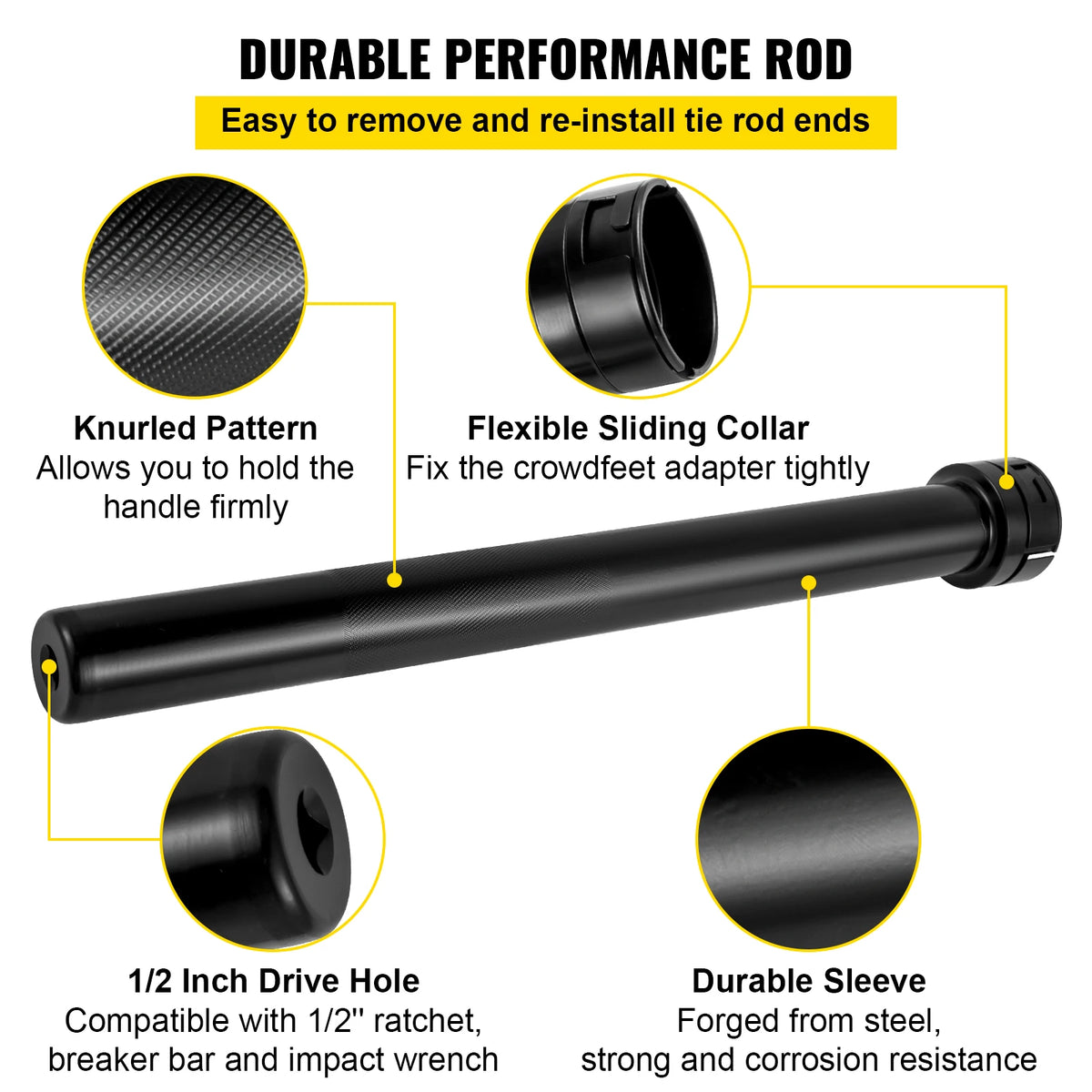 A black durable performance rod tool featuring a knurled pattern, flexible sliding collar, and a 1/2 inch drive hole for tie 