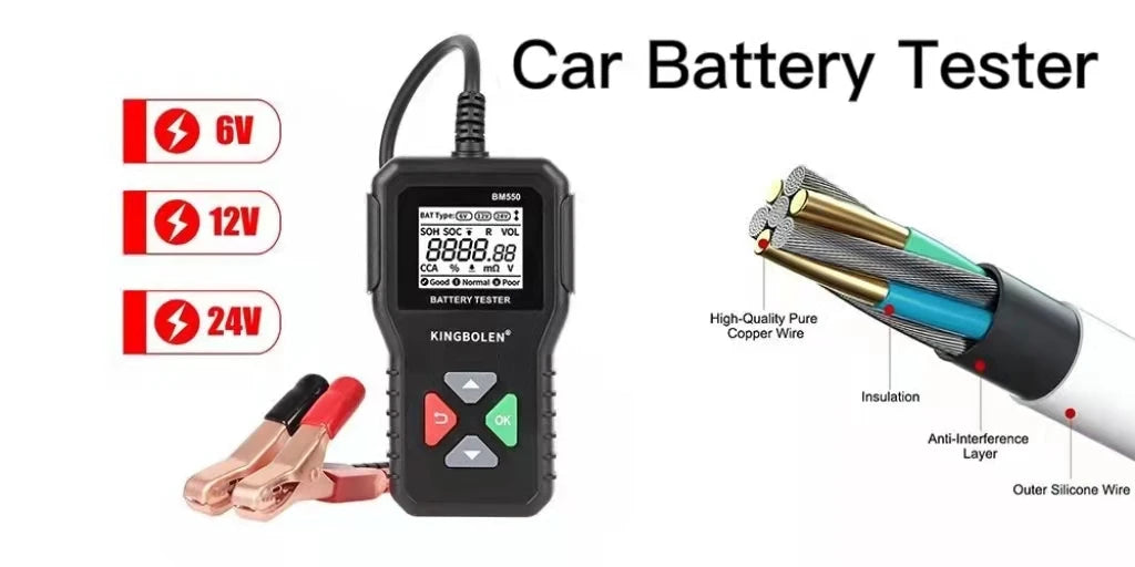 A black car battery tester device with voltage indicators and testing leads is shown next to various voltage labels.