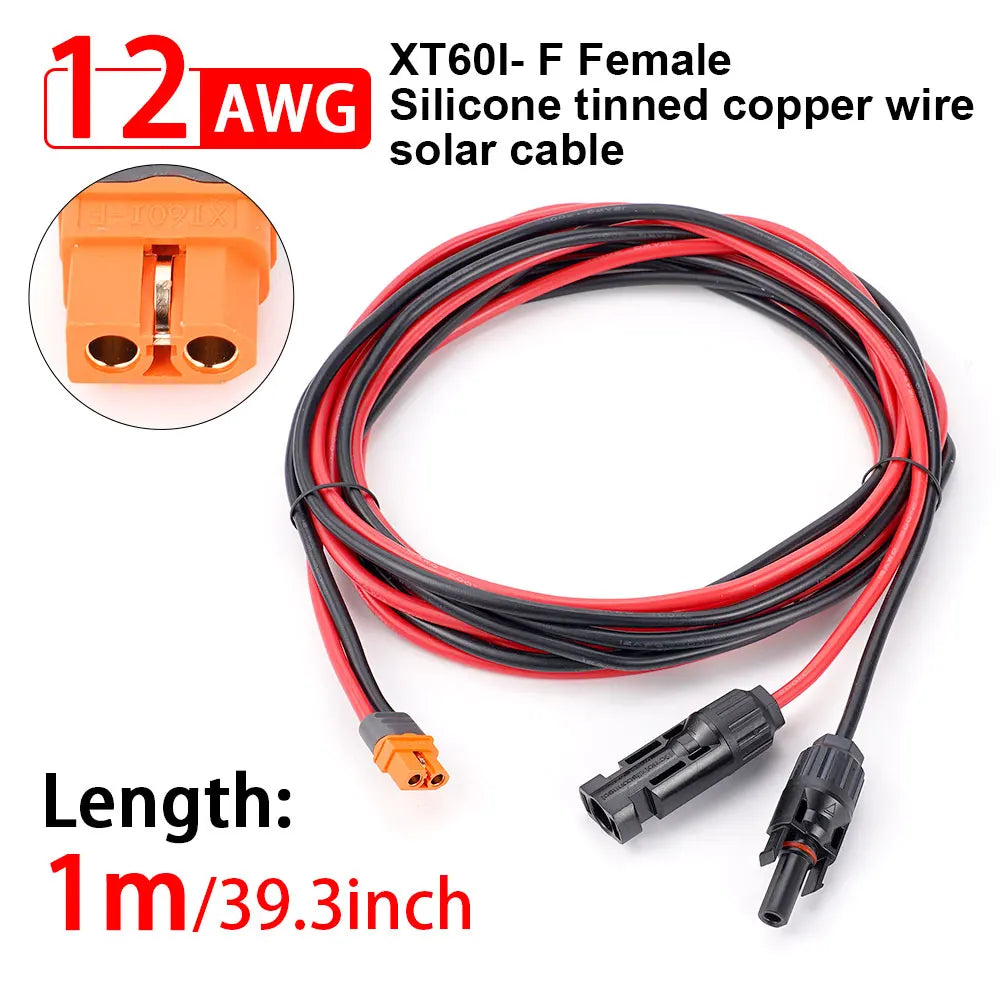 A bundle of 12 AWG silicone-tinned copper wire solar cable with an orange connector and a black jacket.