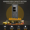 A black portable digital tire inflator battery with a 4000mAh capacity displayed next to various vehicles.
