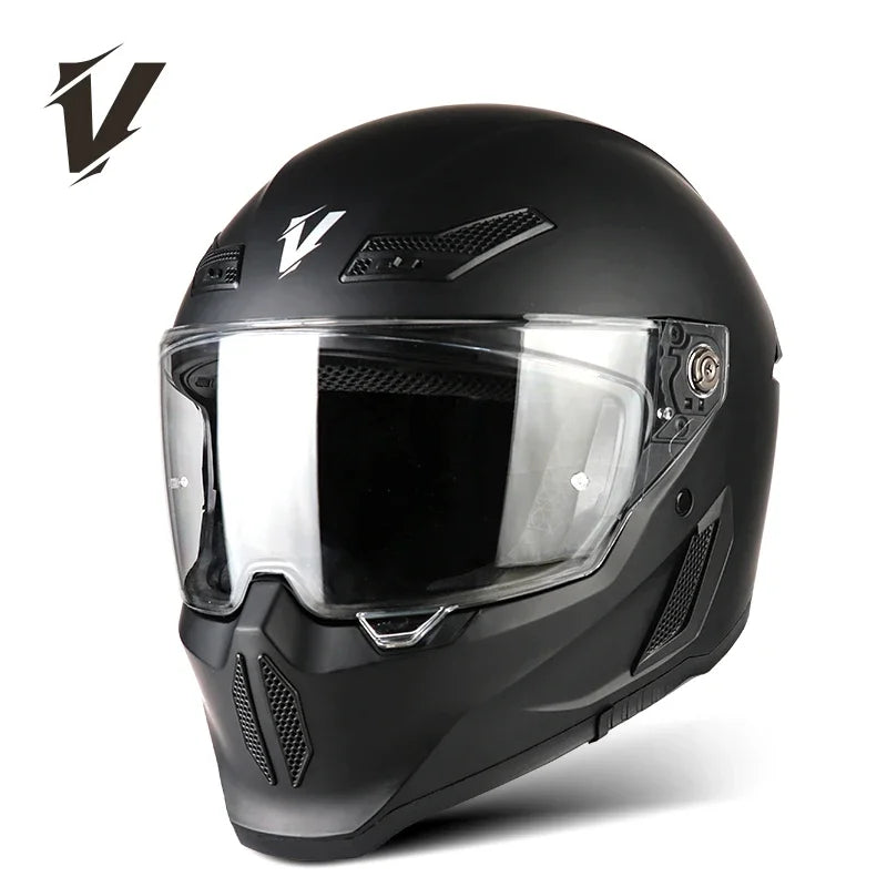 Casco de motocicleta negro DOT aprobado con visor transparente y detalles de ventilación.