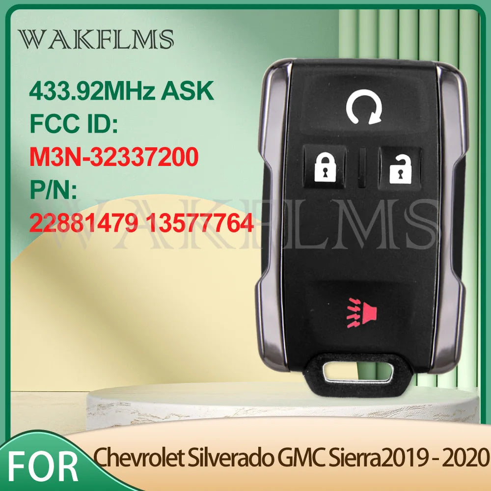 A black universal remote key for Chevrolet Silverado and GMC Sierra trucks with an ASK frequency listed.