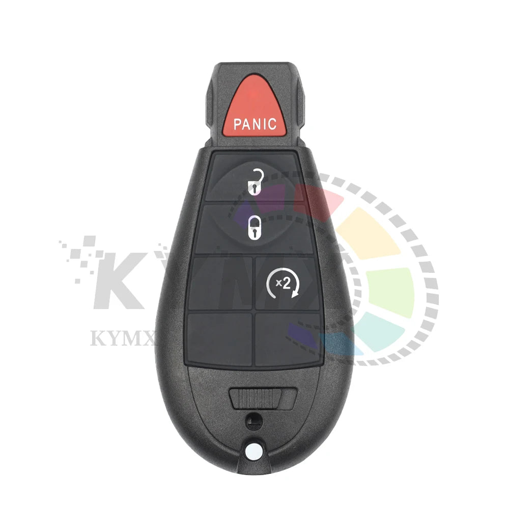 A black smart remote car key fob with a red panic button and various key icons.