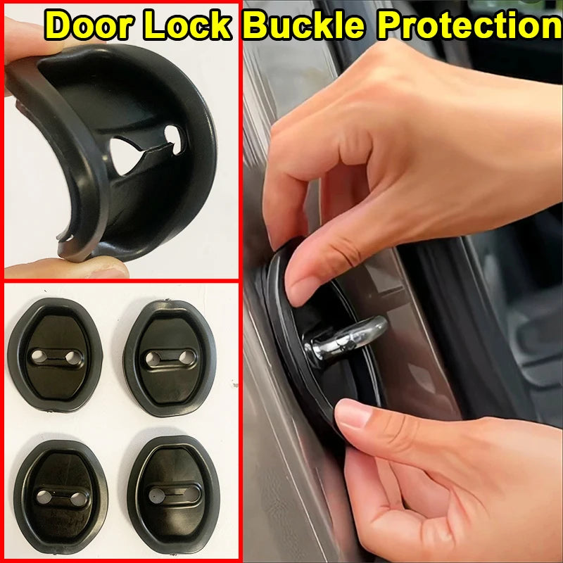 A set of four black door lock buckles and protectors for universal car doors.