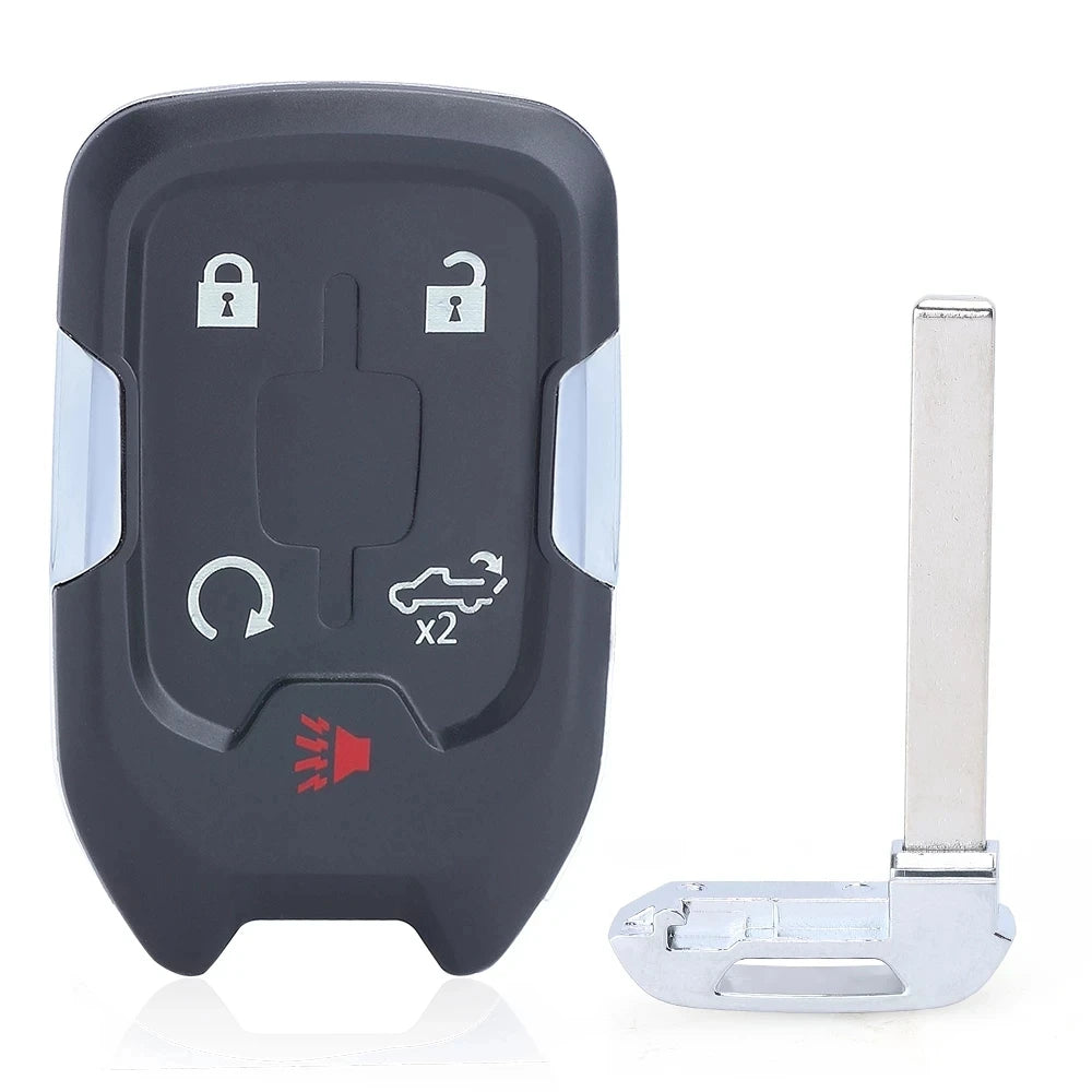 A dark gray universal key fob and a silver key blade are shown side by side.