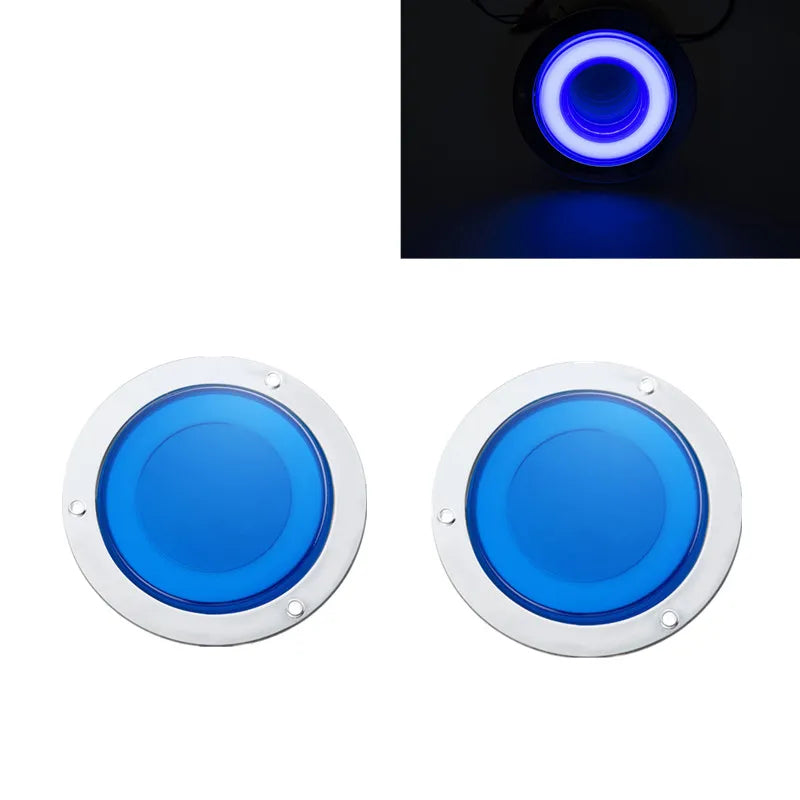 A round blue LED truck tail light with a 3D halo effect shown in close-up and full view.