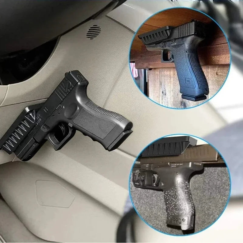 Gros plan d'un pistolet noir avec un support magnétique, montré sous différents angles.