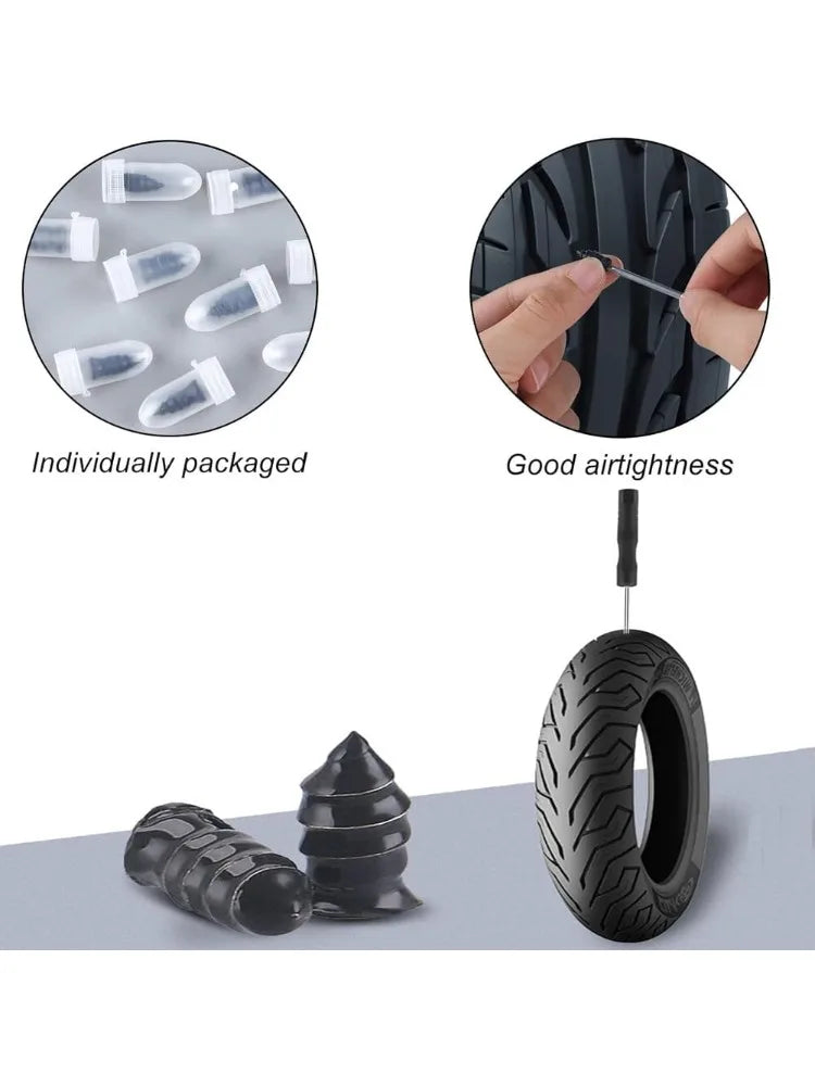 A rubber tire repair stud kit showing individually packaged components, a tire stud, and a tire with a repaired puncture.