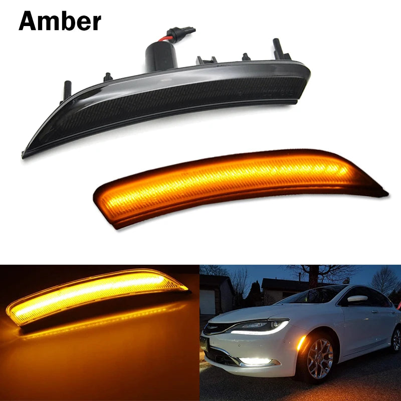 Primer plano de luces laterales marcadoras LED ahumadas para un Chrysler 200, mostrando el diseño e iluminación.