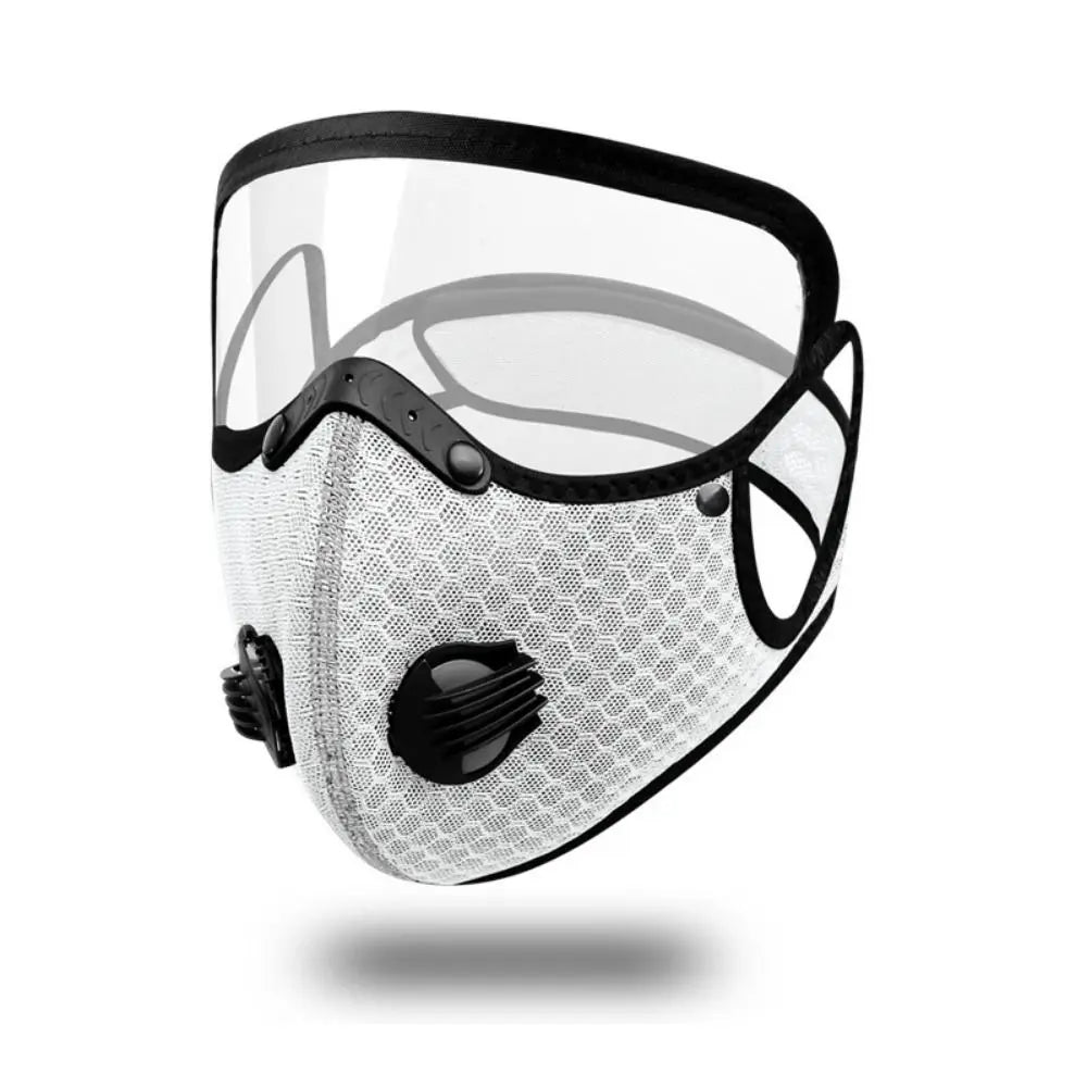A clear and black breathable cycling and outdoor face mask shown from a top-down view.