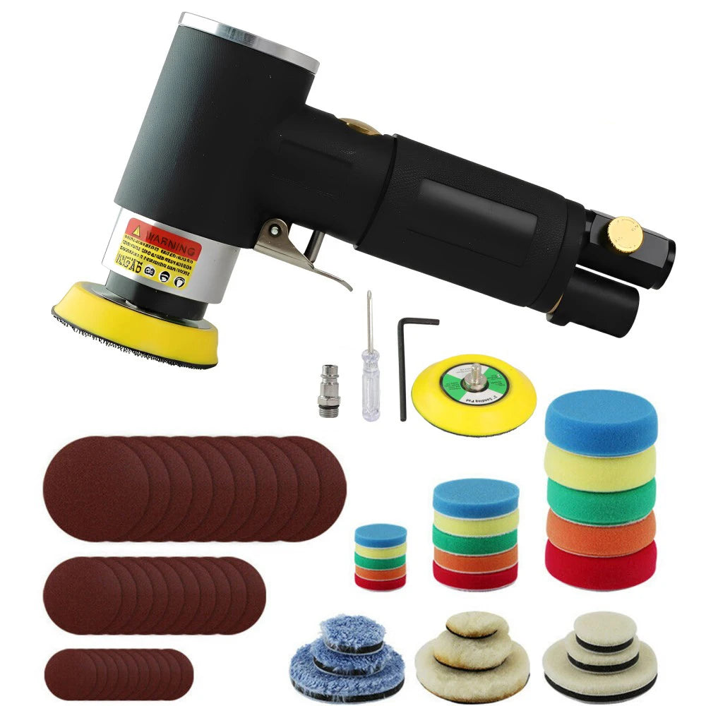 A black mini air orbital sander and polisher kit with various sanding discs and foam pads.