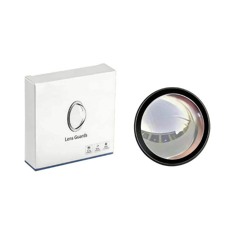 A white box containing a lens guard and a circular lens protector for a 360° car camera.
