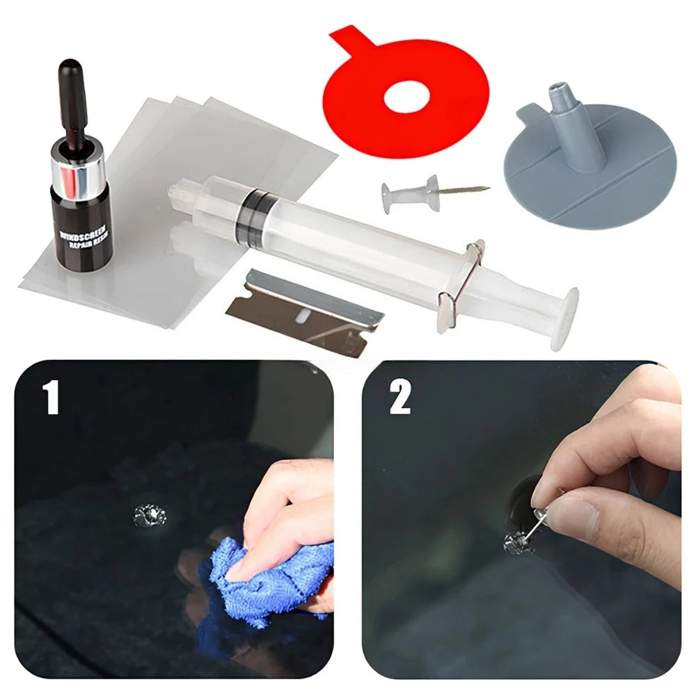 A professional windshield repair kit showing tools for removing scratches and cracks, including a suction cup and scraper.