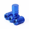 A bright blue aluminum alloy tire valve cap with a hexagonal shape.