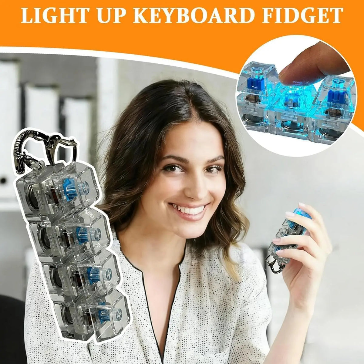 A woman holds a light up keyboard fidget keychain, showing the clear blue LED components.