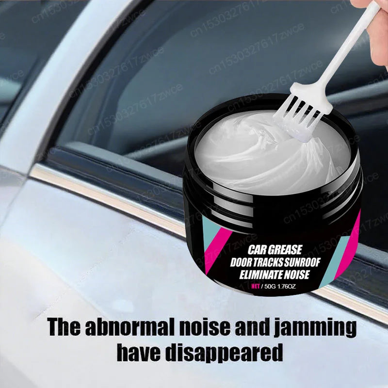 A white silicone spatula is shown scooping a white grease from a black jar, used to eliminate noise in car door tracks.