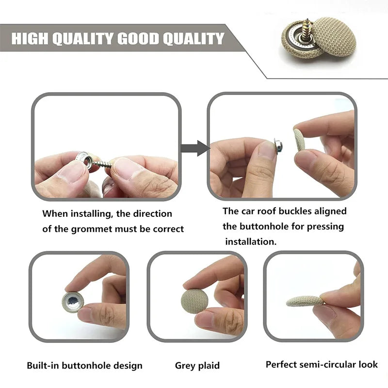 A set of auto headliner repair fasteners including a buttonhole design and grey plaid material.