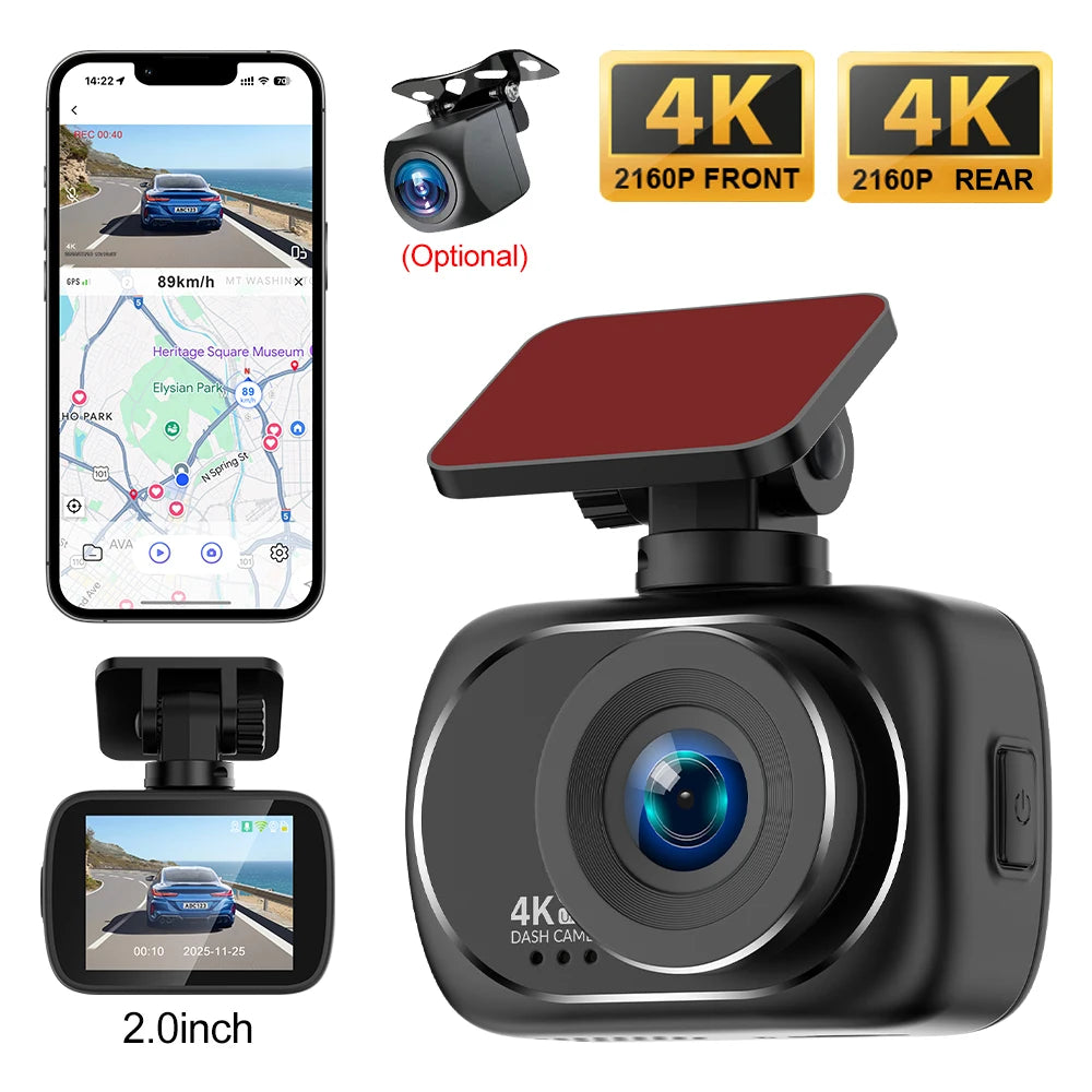 A black 4K dual-lens dash camera with a magnetic mount and an optional front/rear camera accessory.