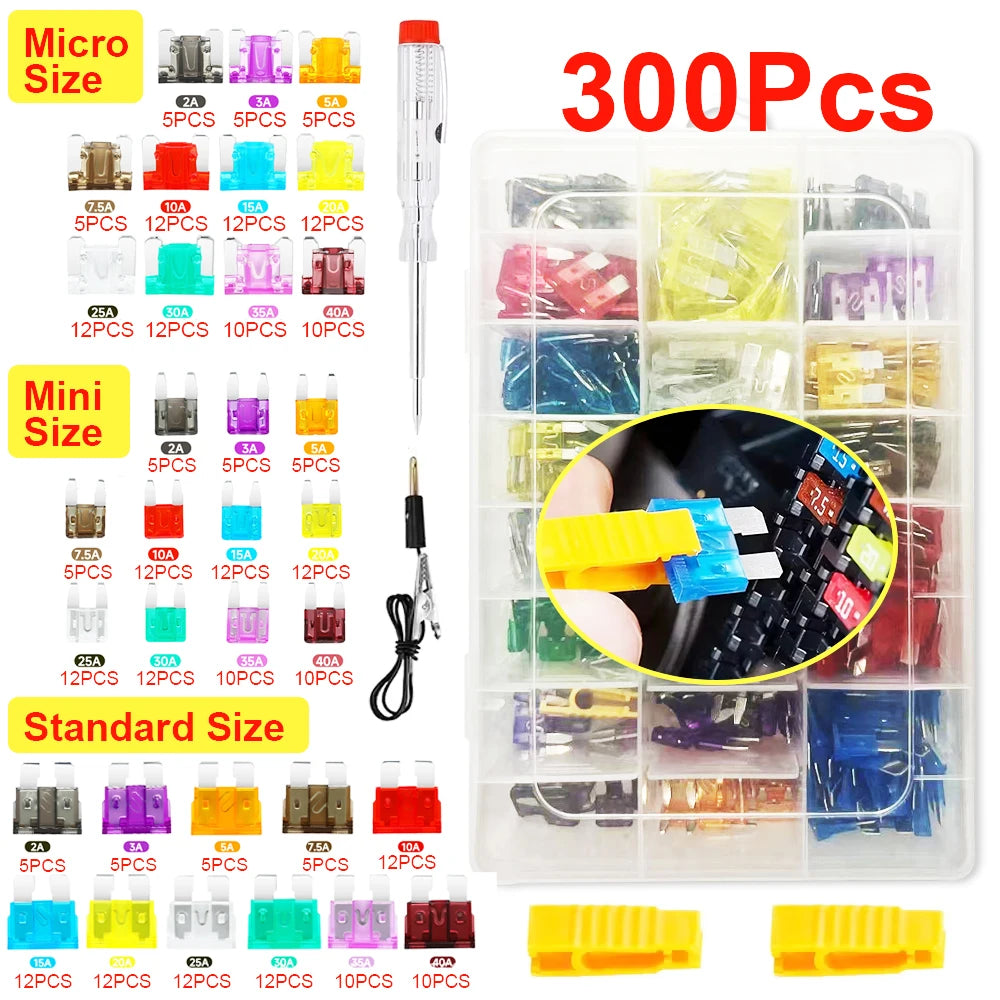 Assortment kit of blade fuses for automotive showing various sizes and colors packaged in a clear plastic container