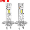 A pair of silver LED car headlight conversion kits, featuring H7 bulbs, shown with their base mounts.