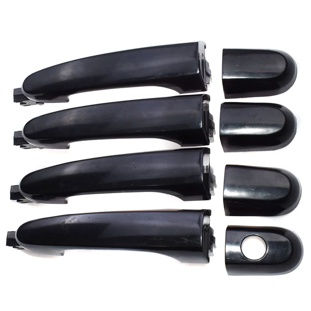 Set of black OEM door handles for KIA Sportage (2005-2010) shown in various angles