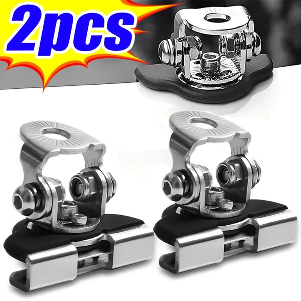Two silver mounting brackets for a drill-free LED light bar, shown with a separate piece and assembled version.