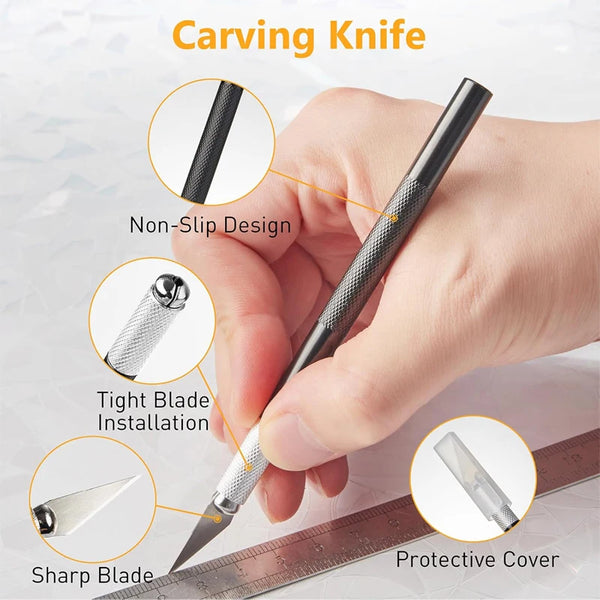 A hand is holding a carving knife demonstrating features like non-slip design, tight blade installation, sharp blade, and pro
