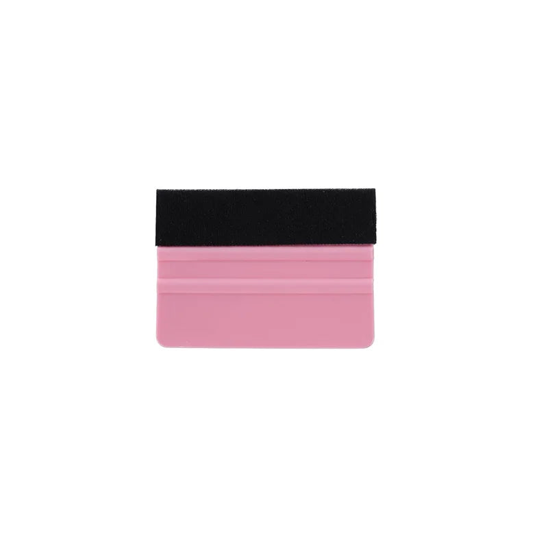 A pink felt squeegee tool with a black rubber blade for removing vinyl decals and film.