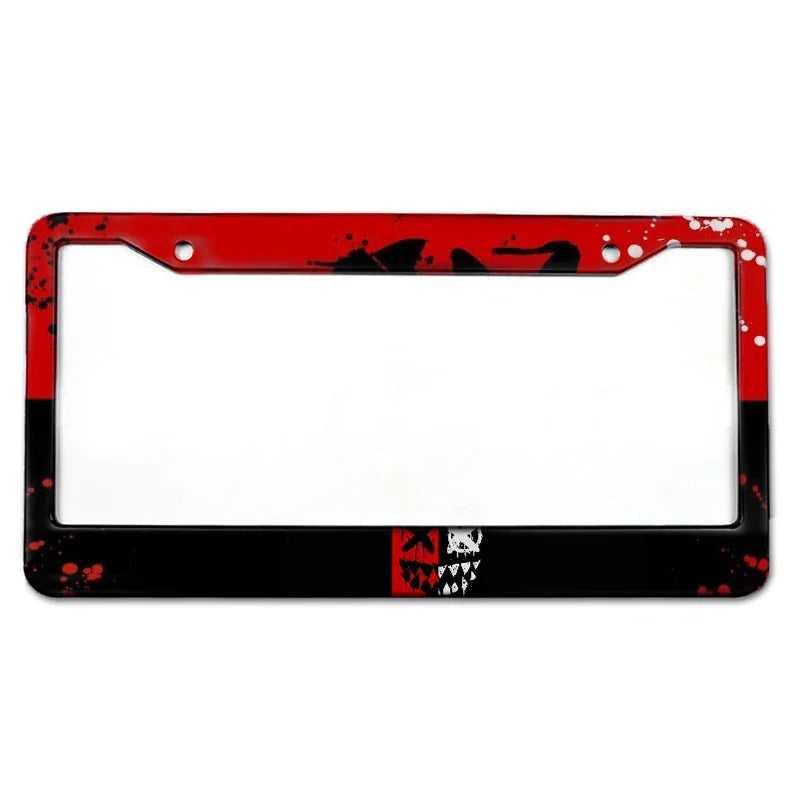 A black license plate frame with a red, blood-splatter design on the top edge.