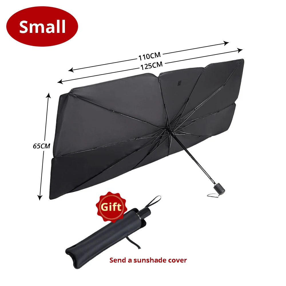 Pare-soleil pliable noir pour pare-brise de voiture avec poignée et cordon.