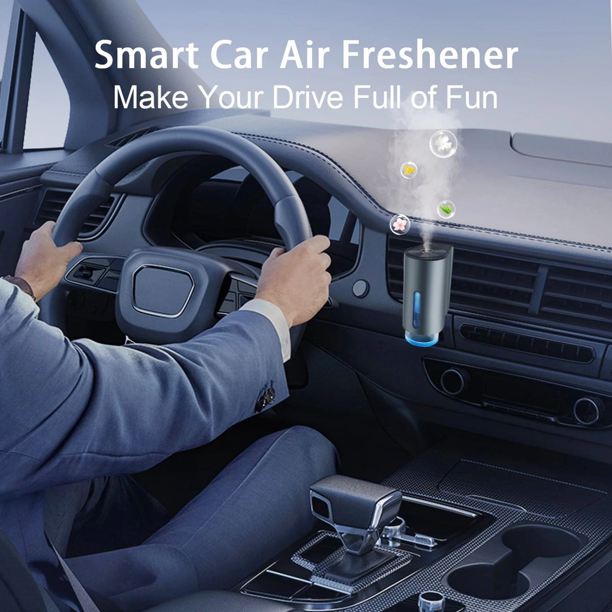 A hand is operating a smart car air freshener device inside a car, with steam emanating from the product.