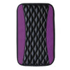 A black and purple quilted protector pad designed for a universal car armrest.