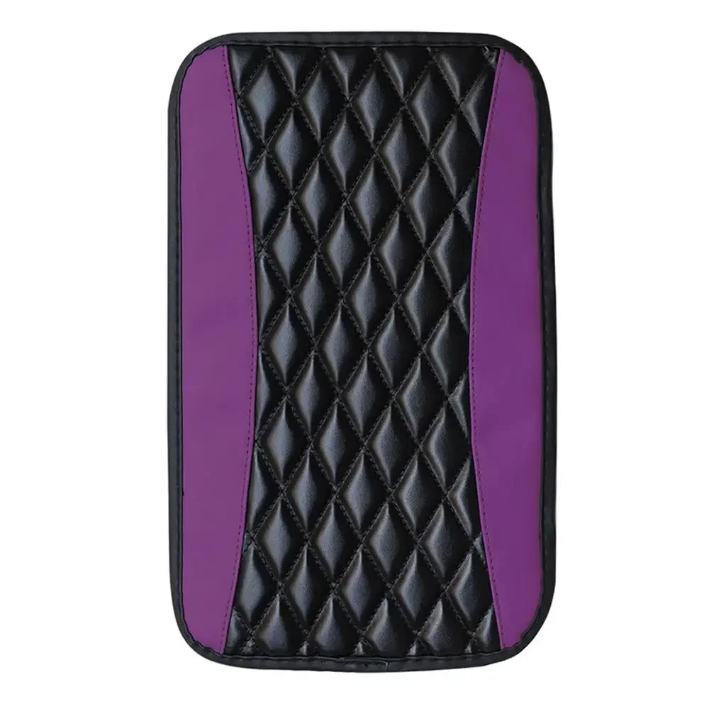 A black and purple quilted protector pad designed for a universal car armrest.