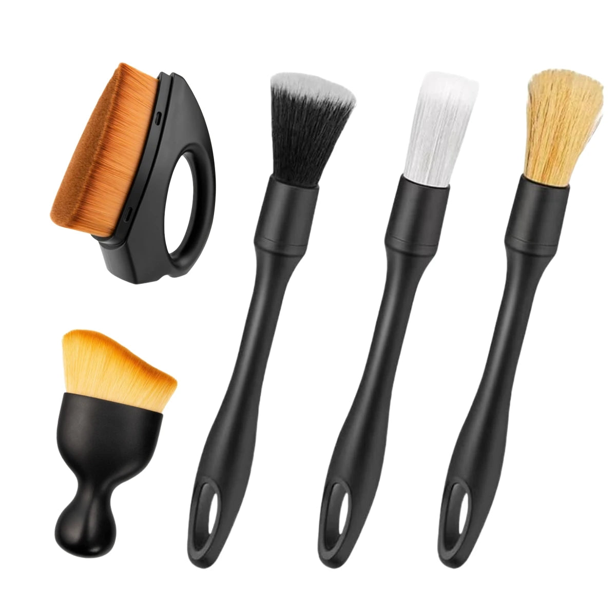 Set von fünf schwarzen und naturfarbenen Detailpinseln für die Autopflege