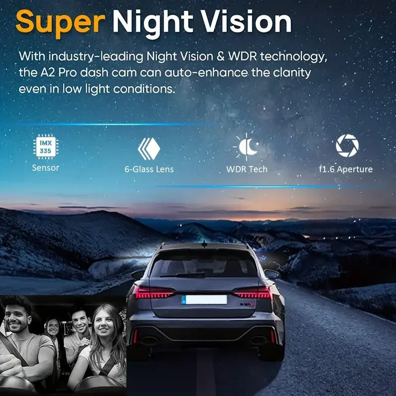 Rear view of a dark car equipped with a Super Night Vision dash cam, showing the vehicle on a scenic road at dusk.