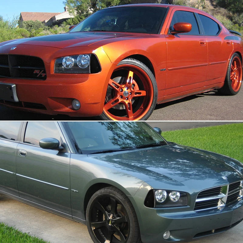 Dodge Charger orange avec roues aftermarket et logements de feux de position fumés.
