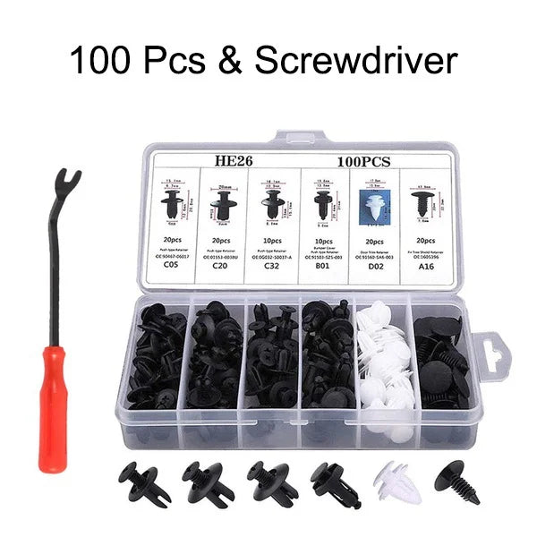 Ein Set von 100 Kunststoff-Schraubendreher-Bits und verschiedenen Schraubendreher-Tips in einer Acrylbox.