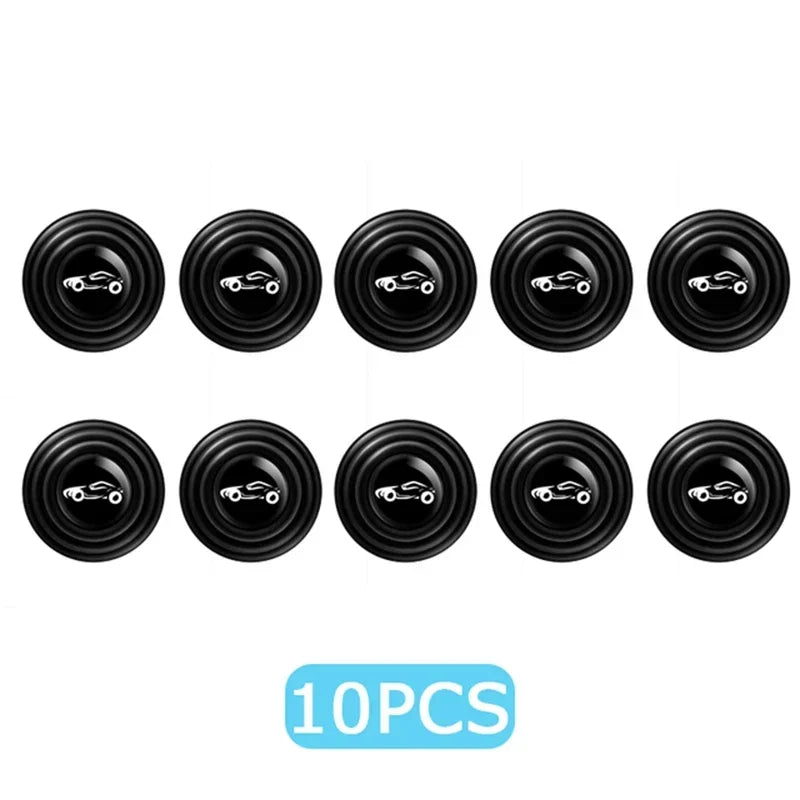 A set of ten black car door anti-shock silicone pads for vehicle suspension.